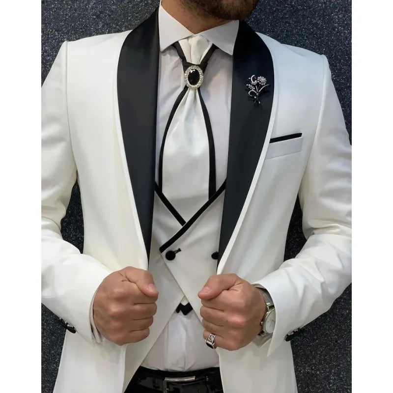 New Arrival Formal Men Suits White Black Wedding Fit Prom Tuxedos Shawl Lapel 3 Pieces Business Suits Sets(Jacket+Pants+Vest)