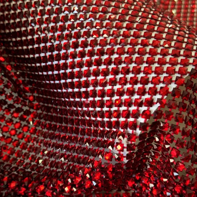 Custom Luxury Red Net Fabric With Light Siam square Big Stones Rhinestones Hot Drill Elastic Crystals Cloth for Dress