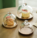 New INS Style Cake Pan Glass Cover Transparent with Tray Dustproof Display Bread Pastry Wooden Cake Plate