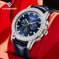 HANBORO Men's Fully Automatic Mechanical Watch Stainless Steel Case Glass Cow Leather Strap Waterproof Luminous Pointer Display