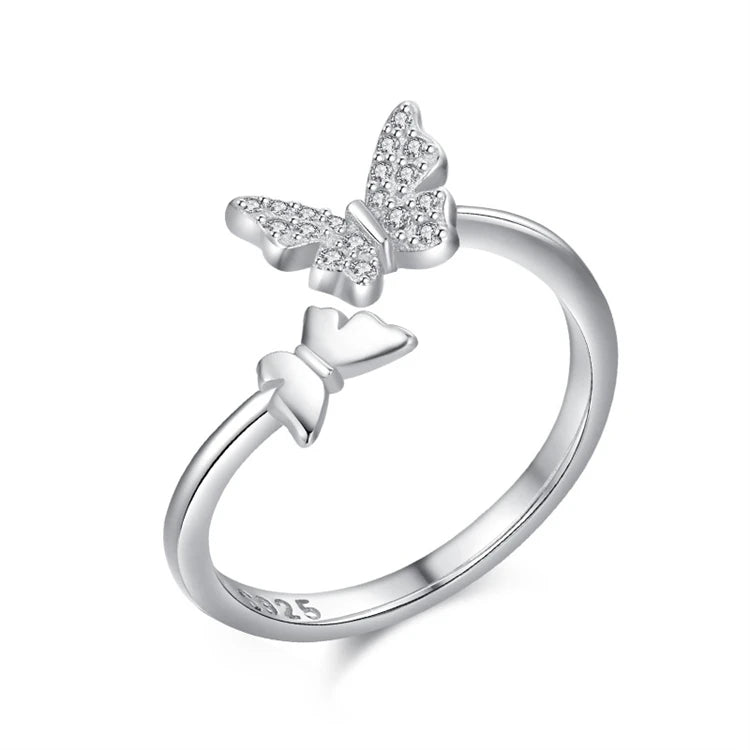 Fine Jewelry 925 Sterling Silver CZ Diamond Butterfly Women Fashion Open Adjustable Finger Ring