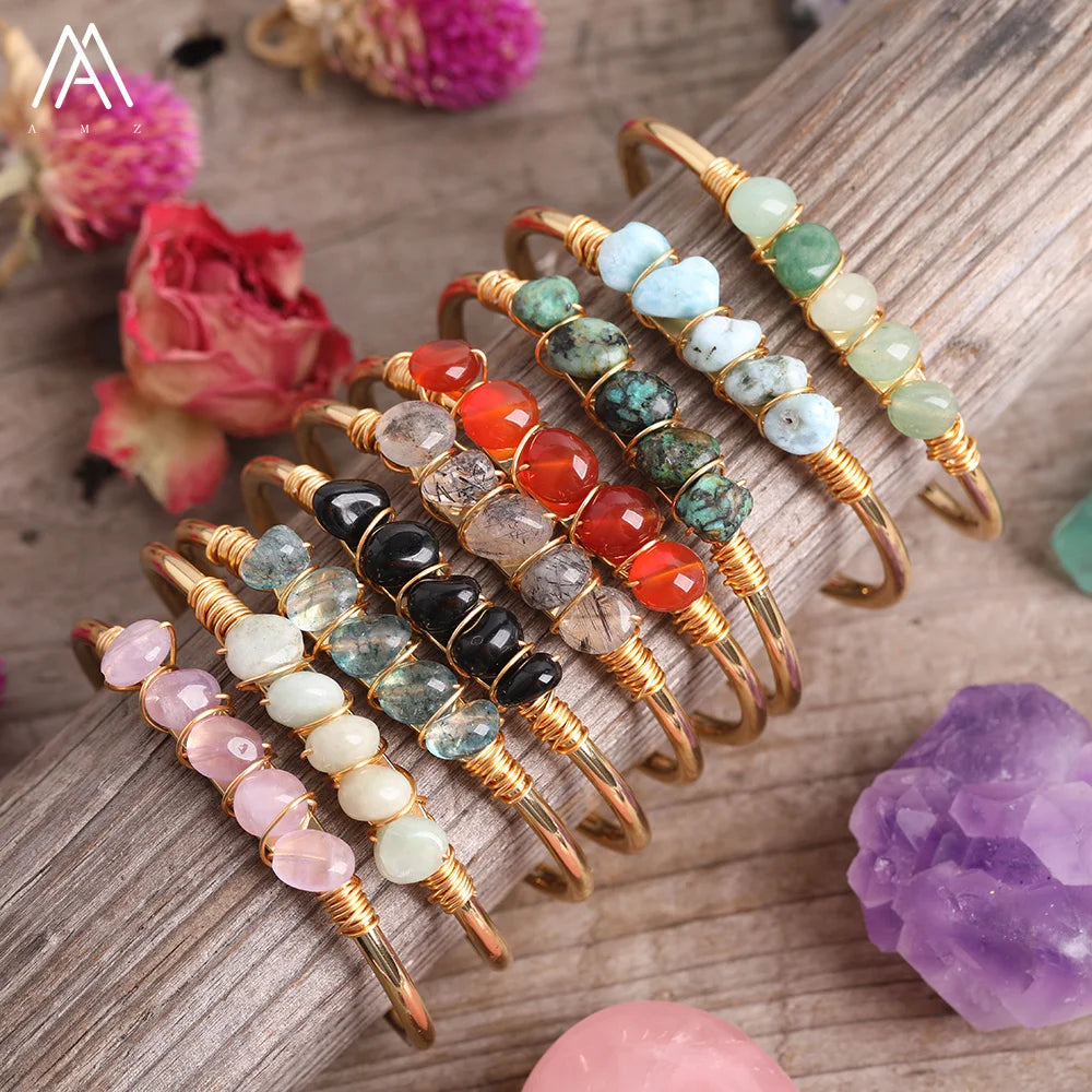 Fashion Jewelry Boho Style Natural Gemstones Nuggets Chips Beads BanglesGold Wire Wrapped Copper Beaded Bangle