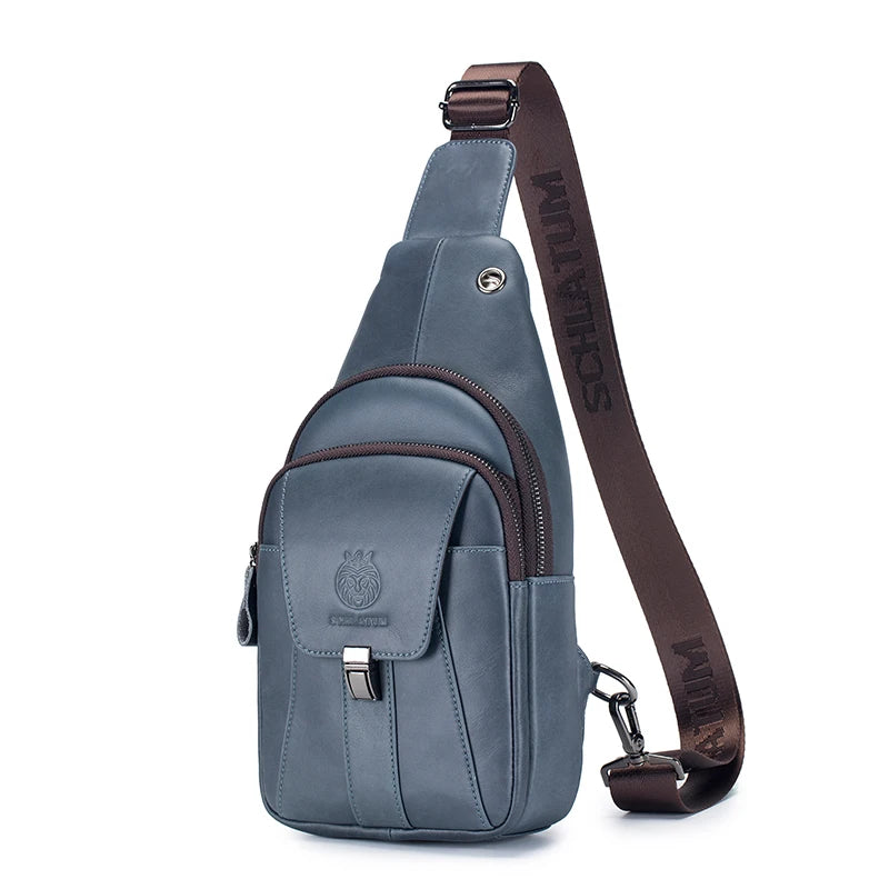 SCHLATUM Quality Casual Men's Genuine Cowhide Leather Chest Sling Bags with Earphone Hole