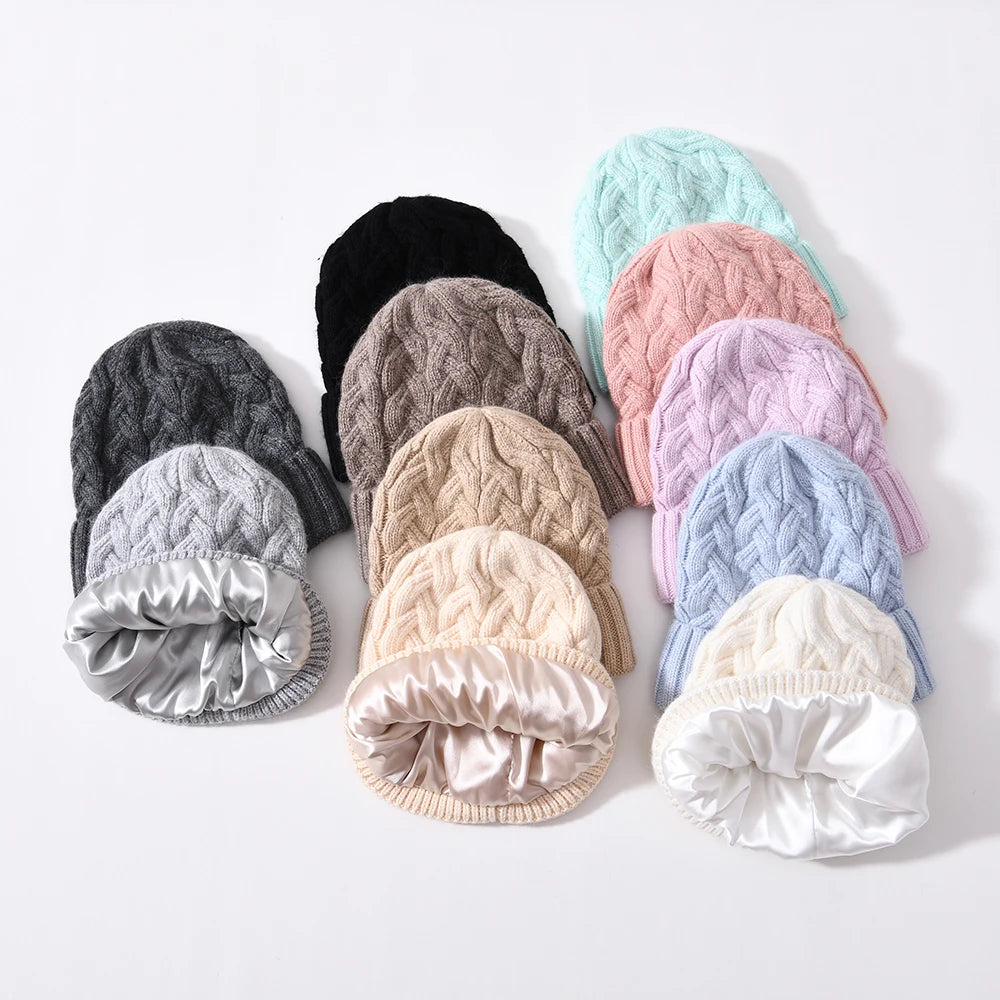 Jxwatcher Solid Unisex Satin Lined Beanie Hats Autumn Winter Cashmere Wool Blends Soft Warm Knitted Satin Silk Beanies