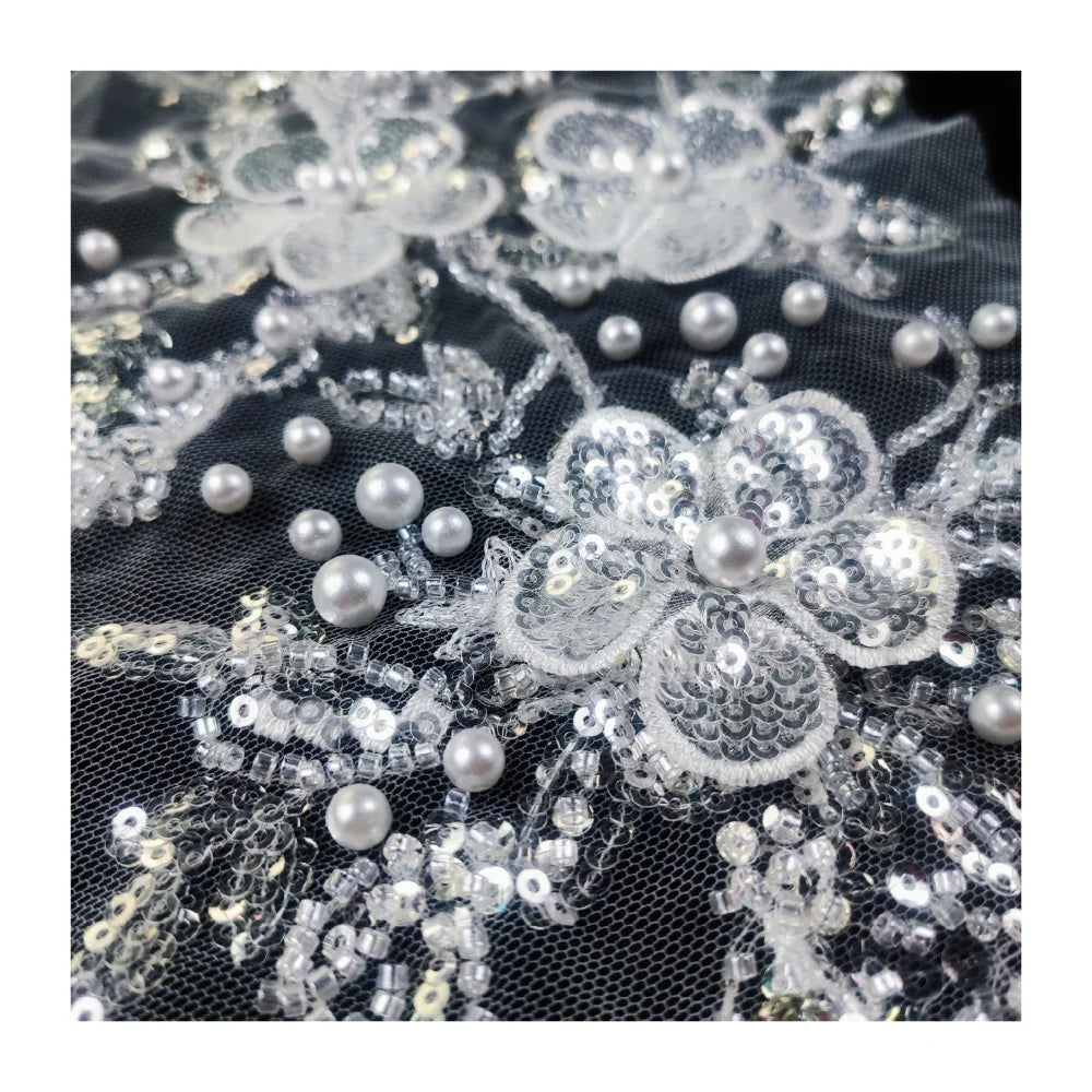 White Sequin Embroidery Lace Fabric Patch Accessories Luxurious Fashion Wedding Dress Decoration Bead Applique  CG071