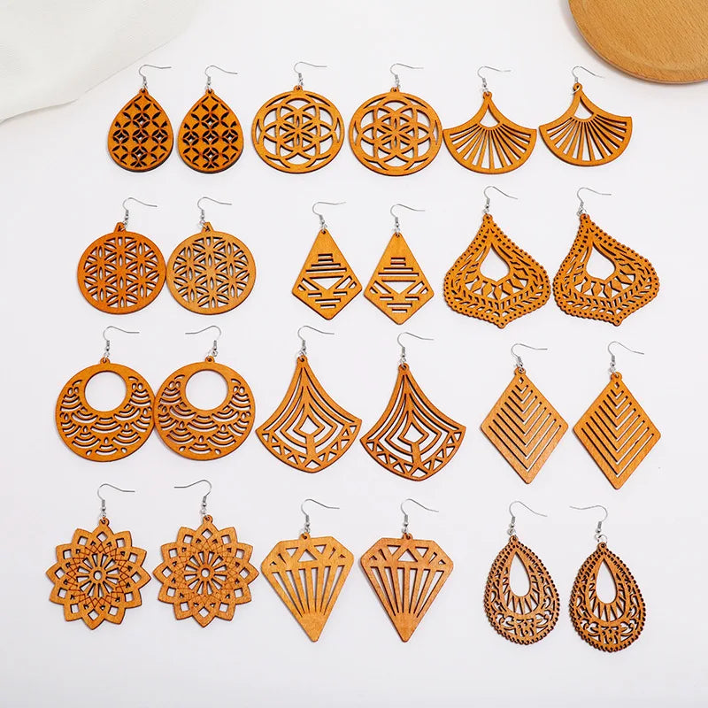 African Earrings Wooden Boho Drop Earrings Bohemian Pendant Dangle Lightweight Ethnic Style Wood Earrings for Women