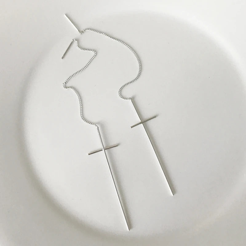 Fashion Jewelry 925 Sterling Silver Statement Cross Drop Tassel Chain Stud Earring for Women Piercing Jewelry Factory Wholesale