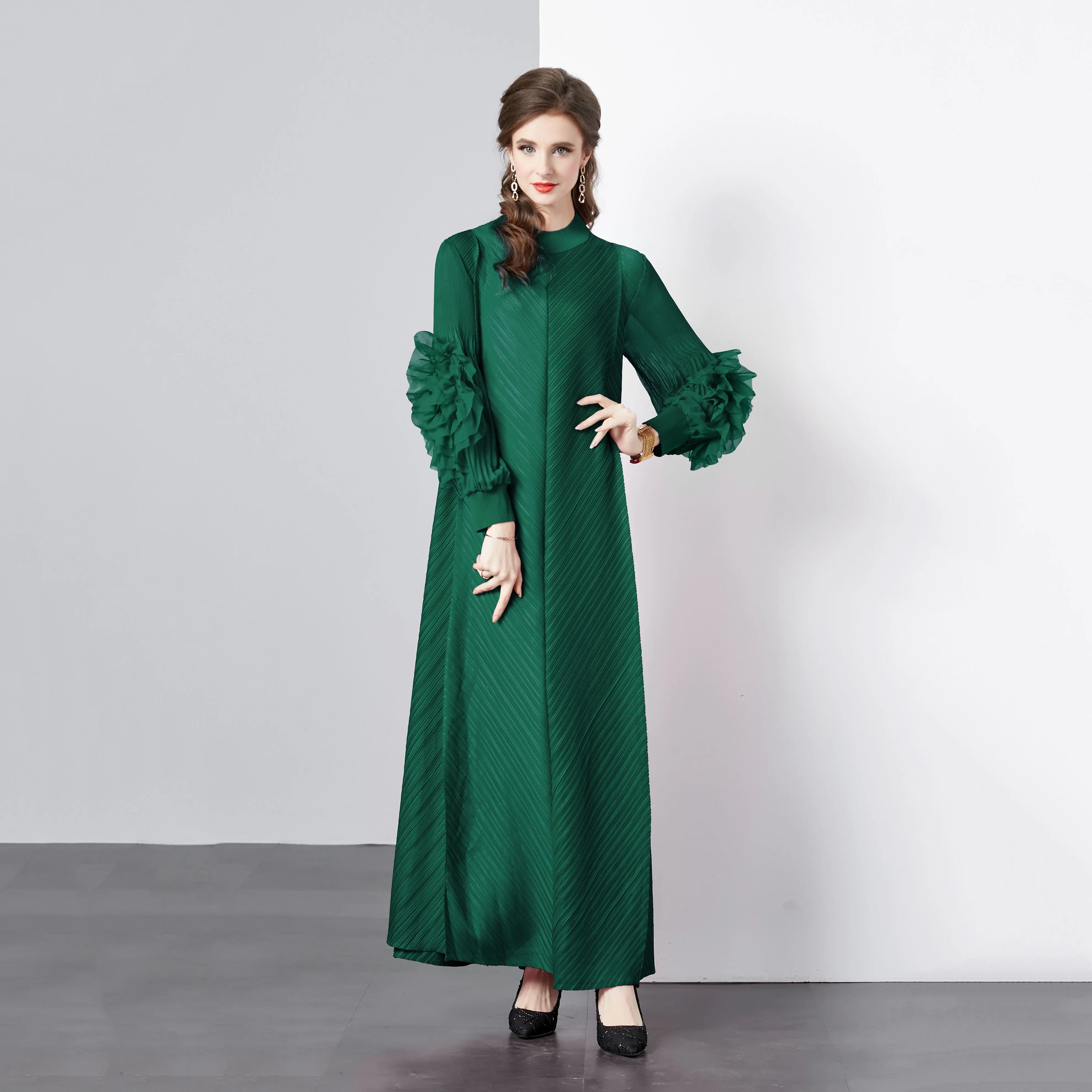 Ready to Ship in 48H Women's Plus Size Solid Chiffon Ruffles Natural Waist Woven Long Pleated Loose Casual Dress Miyake