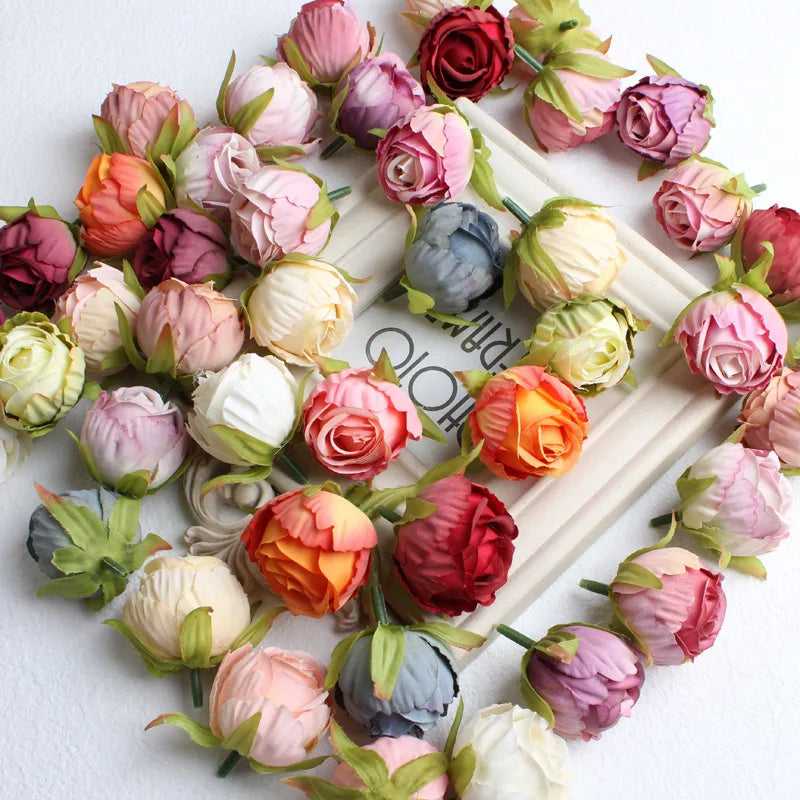 K02 Cheap Multi Color Wholesale Silk Artificial Flower Head Mini Rose Flowers Head for DIY Hat Cloth Wedding Decor Faux Bud Head