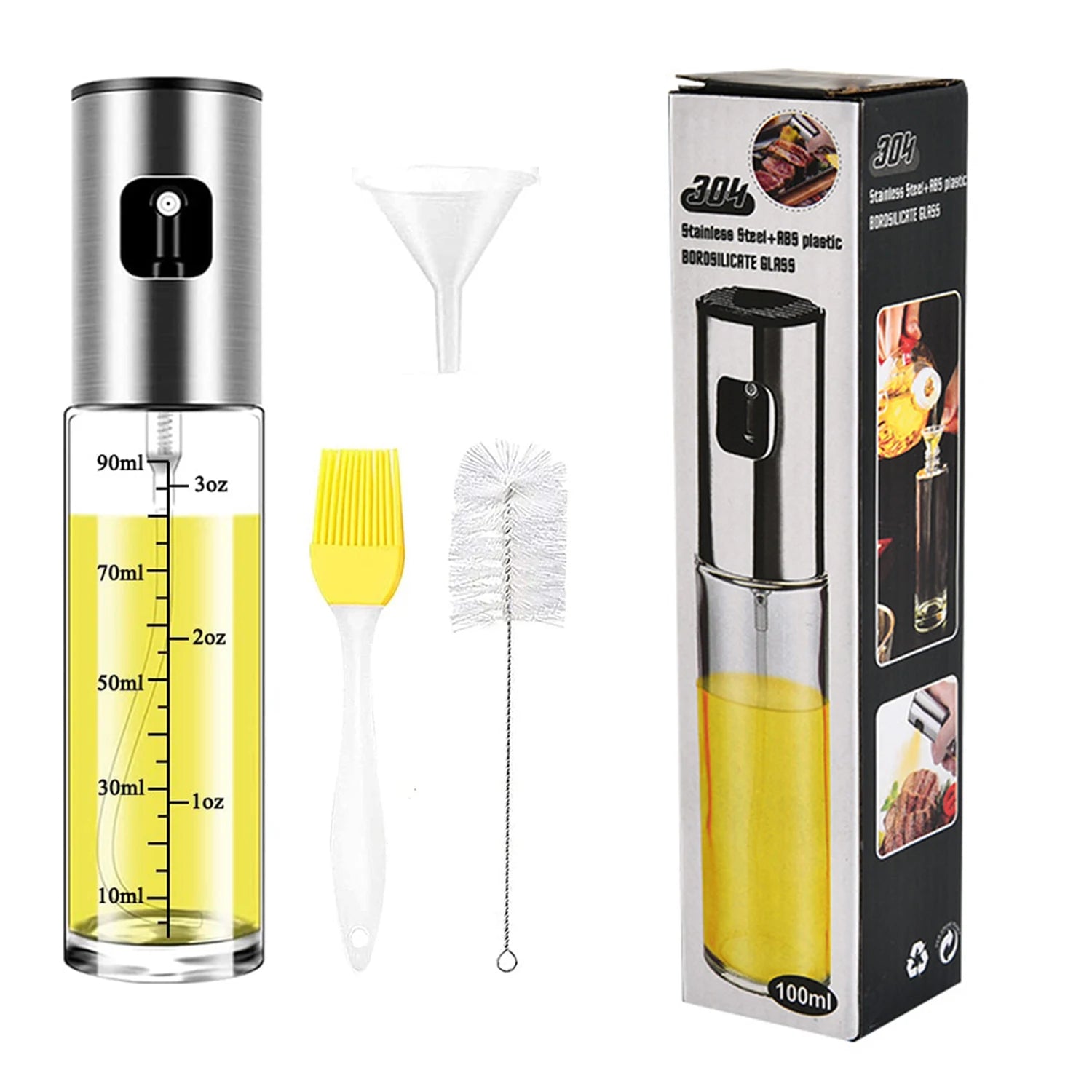 QZQ Baking Cooking BBQ Manual Pressure Pump Silicone Brush Stainless Steel Glass Vinegar and Olive Dispenser Spray Oil Sprayer