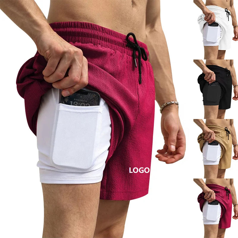 Sport Shorts Custom Logo EU Size Phone Pocket 2 in 1 Men Fitness Workout Jogger Suit With Inner Compression Gym Shorts