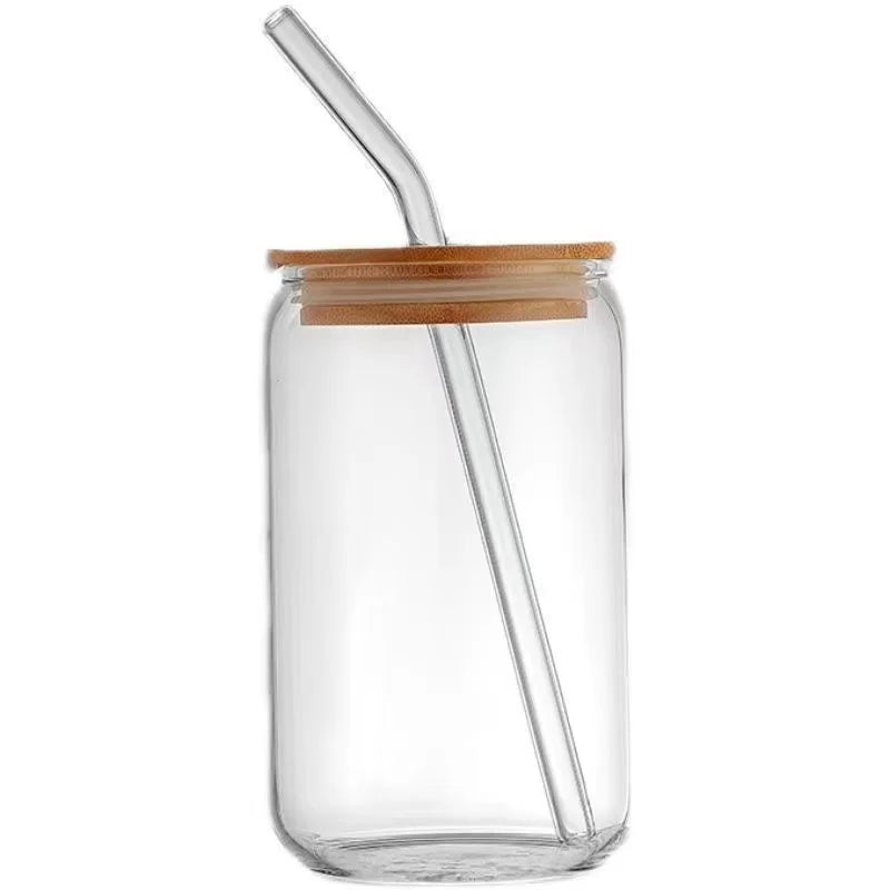 2024 Eco-Friendly Clear Beer Can Glass Cups Bamboo Lid and Straw Jars Bottles with Can Shaped Design