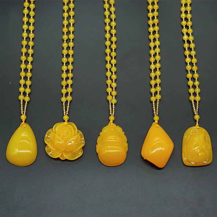 SC Hot Selling Resin Beeswax Sweater Chain Amber Color Handmade Carved Gourd Goldfish Pixiu Piyao Pendant Beads Necklaces Women