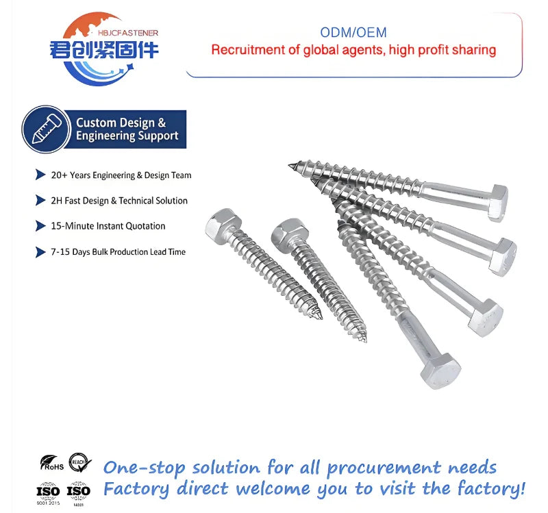 High Quality M10 Stainless Steel Hex Head Wood Screw Lag Bolt Coach Solar Panel Hexagon Screws Zinc Plated 20mm Tapping Black