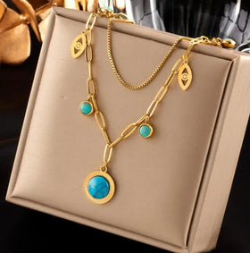 Best Quality Turquoise Round Pendant Titanium Steel Eye Pendant Double Layer Necklace Collar Bone Necklacefor Women
