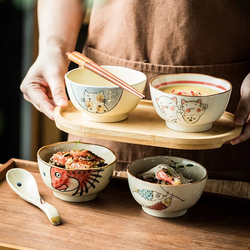 4.5 Inch Porcelain Small Round Shape Bowl Japanese Style Cat Fish Designs Custom Logo Restaurant Hotel Ceramic Rice Bowls