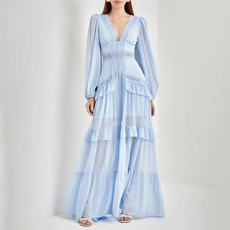 Holiday Style 2023 Autumn New Deep V-neck Lace Hollow Design Long Sleeves Solid Color Slit Long Dress
