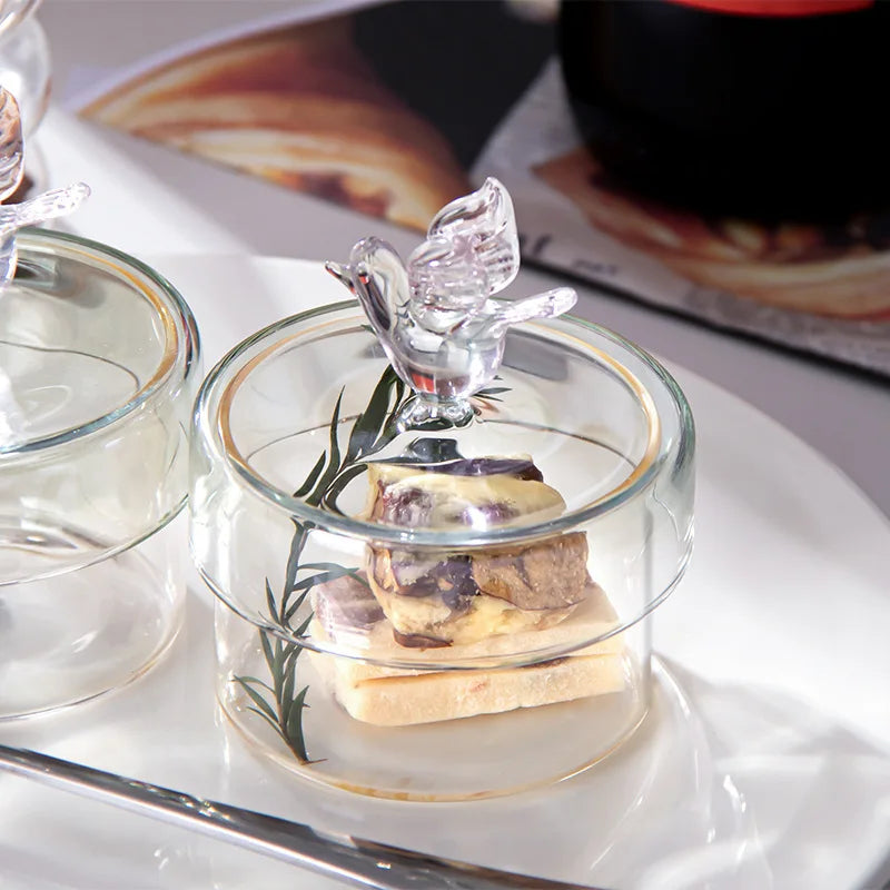 European Style Handmade Glass Cake Cover Storage Jar Spray Color Creative Bird Design Exquisite Ornaments