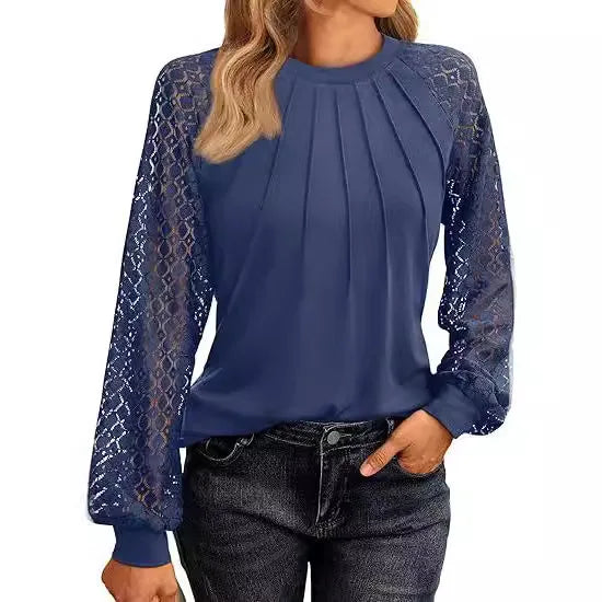 Ohsisa 2025 Women Long Sleeve Lace Sleeve Shirt Clothing Fashion Autumn Casual O-neck Pullover Top Women's Casual Shirt