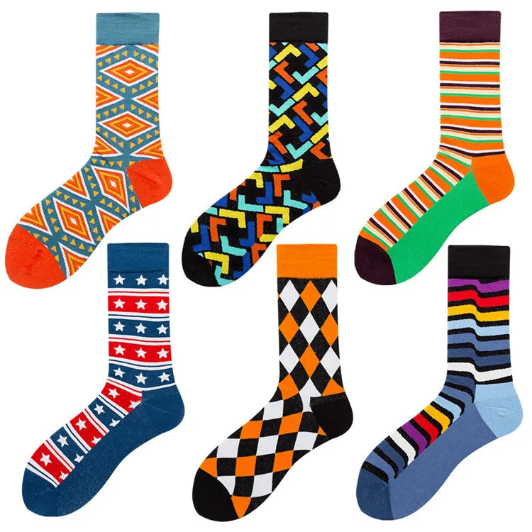 XIANGHUI Wholesale Custom Men Fashion Funny Geometric Strip Jacquard Tube Cotton Crew funny Socks