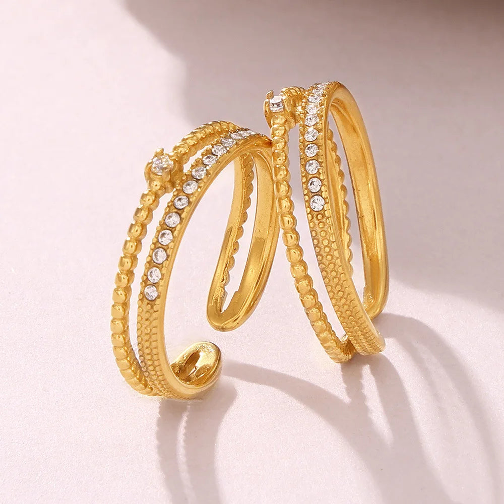 Minimalist Vintage Double Ring Stainless Steel Waterproof Resizable Jewelry for Women Cut Diamond Inlay for Engagement Party