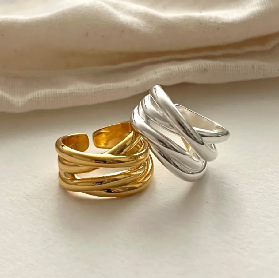VIANRLA 925 Sterling Silver Cross Line Chunky Gold Open Fidget Ring