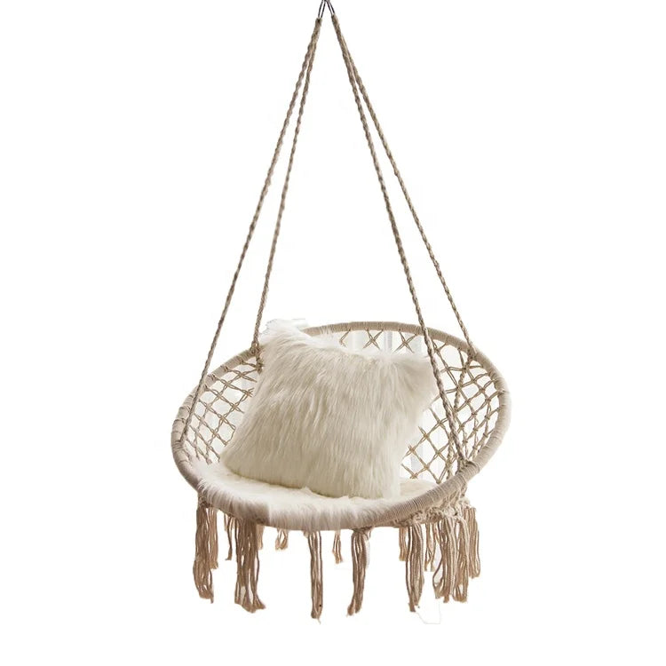Swing Chair Hanging Netted Hammock with Tassels and Cushion for Indoor Use in Garden & Playhouse