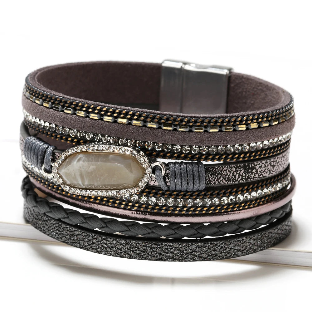 Luxury Crystal Gemstone Woven Leather Bracelet High Grade Multi-Layer Chain Bangle with Magnetic Clasp Elegant Jewelry for Women