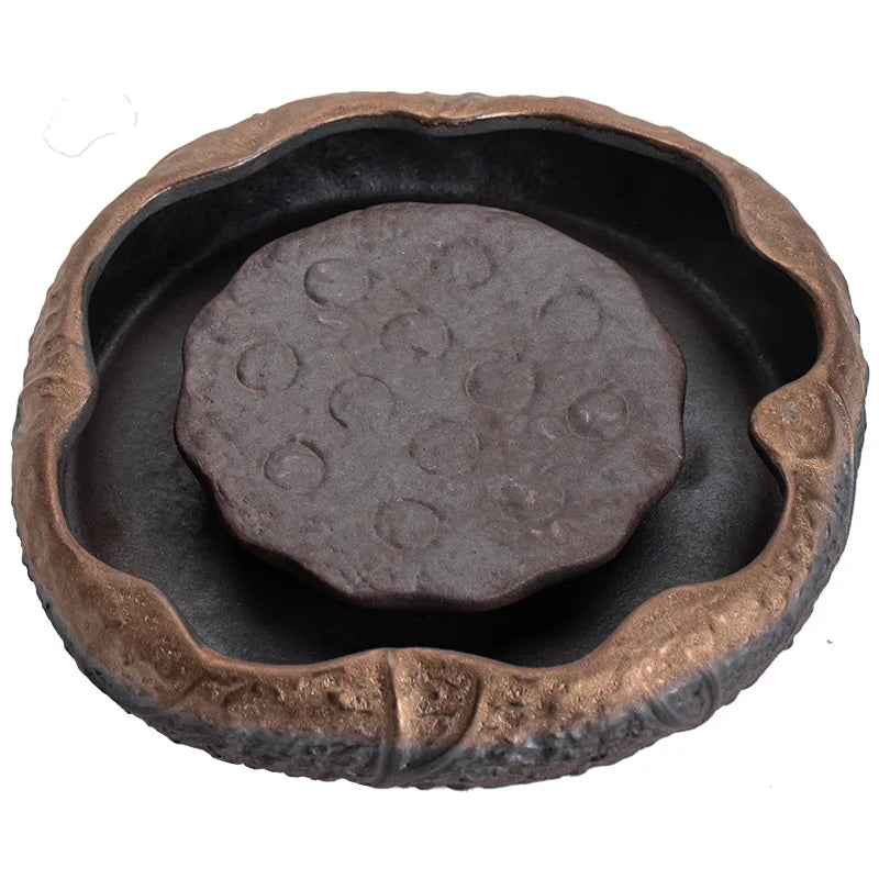 Retro Style Ceramic Porcelain Handmade Gilding Iron Glaze Lotus Pond Pot Tray Small Household Kung Fu Tea Ceremony New Year's