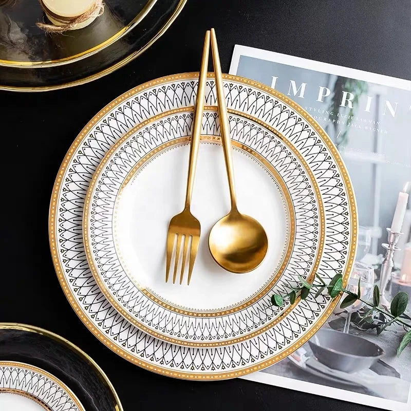 Nordic Style Western Hotel Tableware Set Household Bowl Dish Steak Plate with Golden Rim MegaBDM