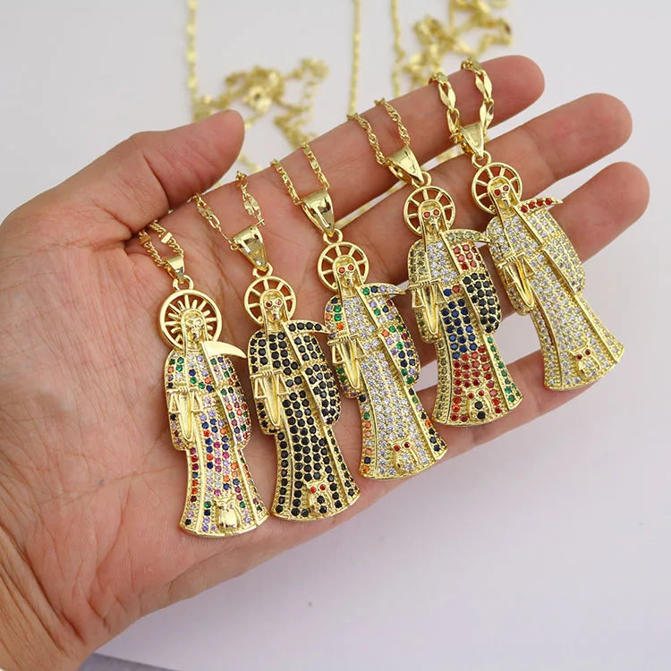 Chunky 18K Gold Plated CZ Pave Santa Muerte Death Reaper Holy Death Amulet Santeria Chain Catholic Jewelry Religious Necklace