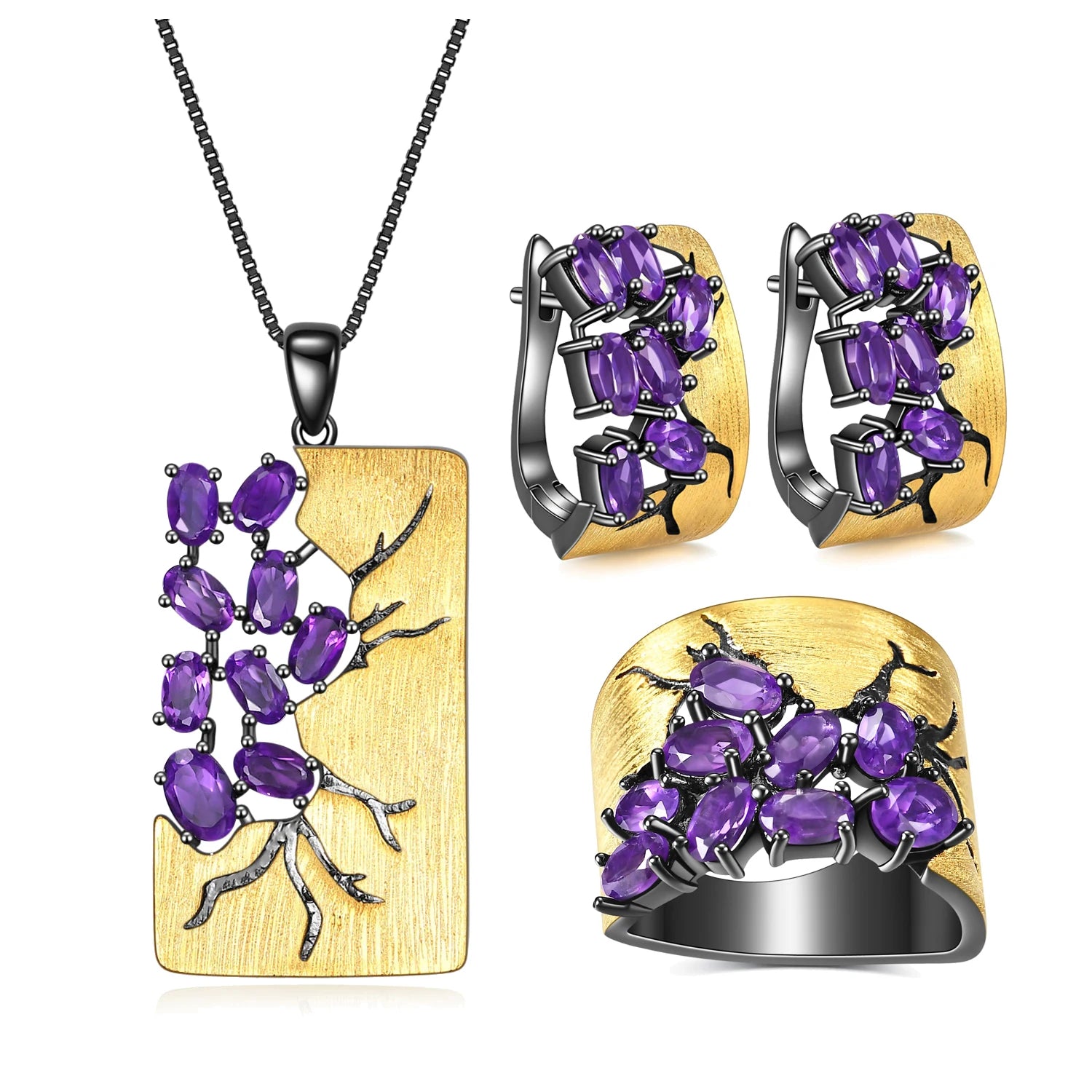 C7875 Abiding Shield New Plating Tech Tarnish Free Natural Gemstone Gold Plated 925 Silver Earrings Necklace Ring Jewelry Set