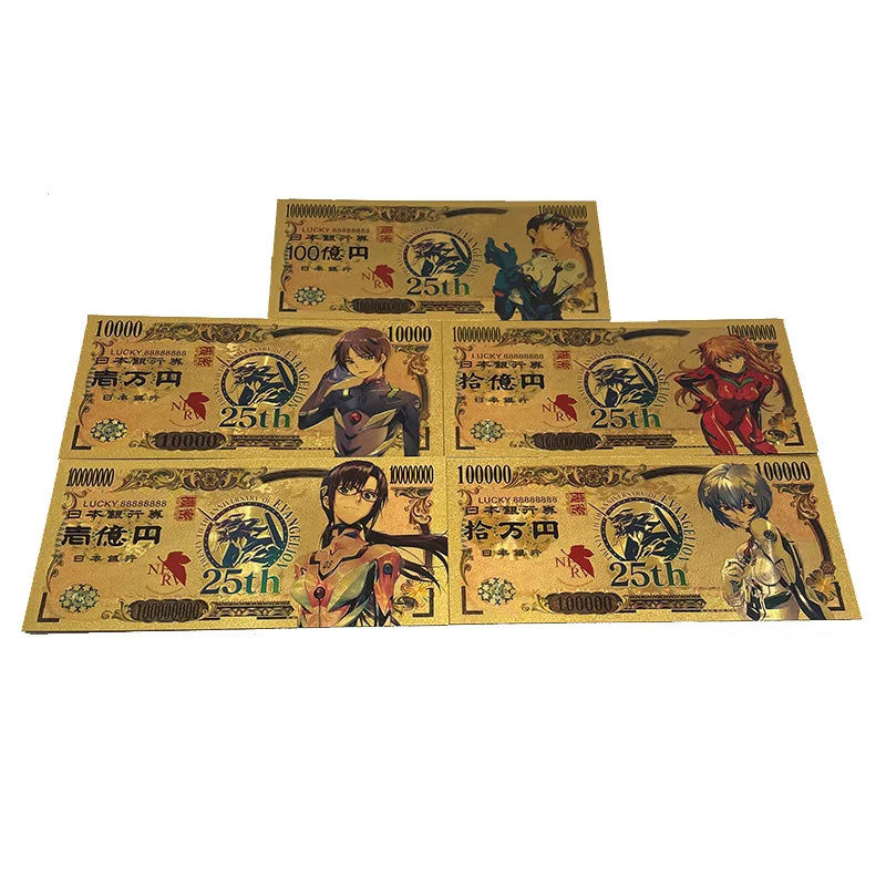 5 Types Japanese Cartoon Evangelion Asuka EVA Anime Gold Banknote 25th Anniversary Souvenir Gifts and Collection Cards