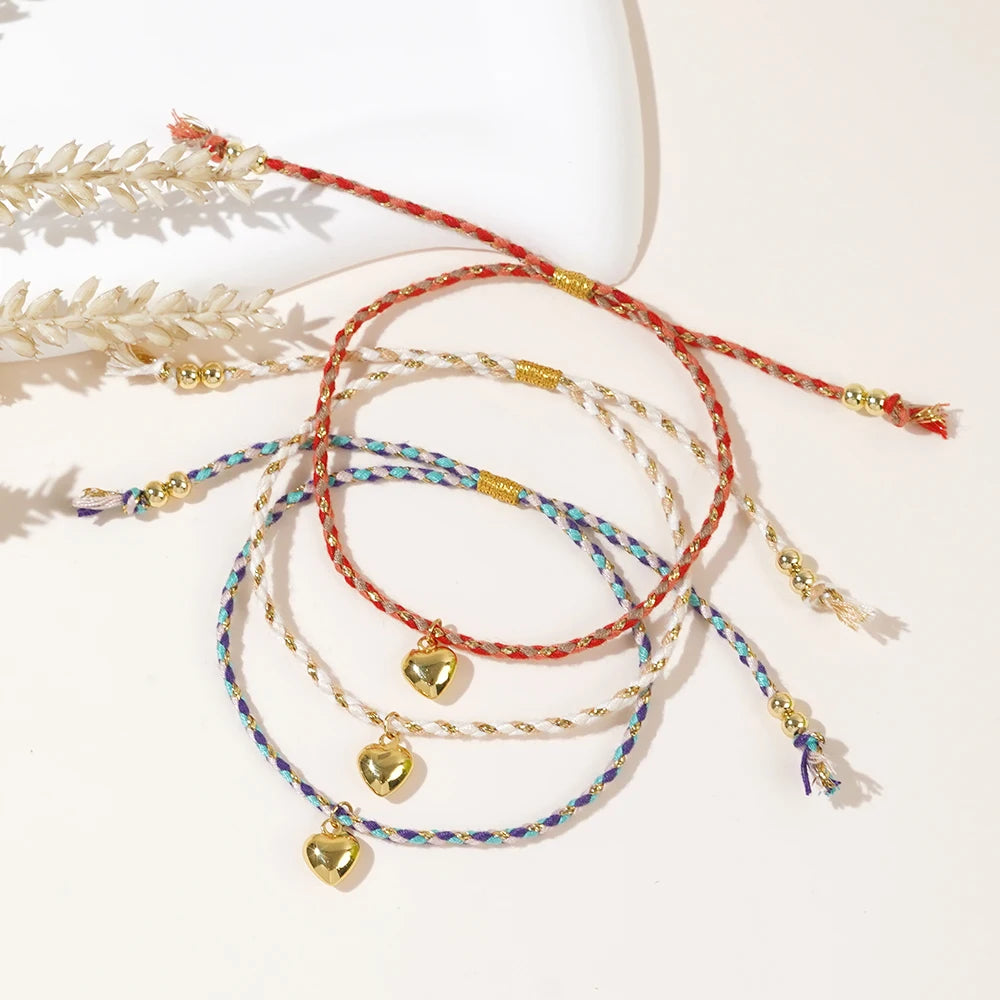 Go2boho Handmade Cotton Thread Design Bohemian Women Fashion Jewelry Gold Bead and Heart Pendant Bracelets for Friendship Chain