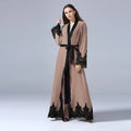 Clothing Solid Color Lace Selvedge Muslim Abaya Front Open Kaftan Long Dress Polyester Casual Formal for Eid Mubarak