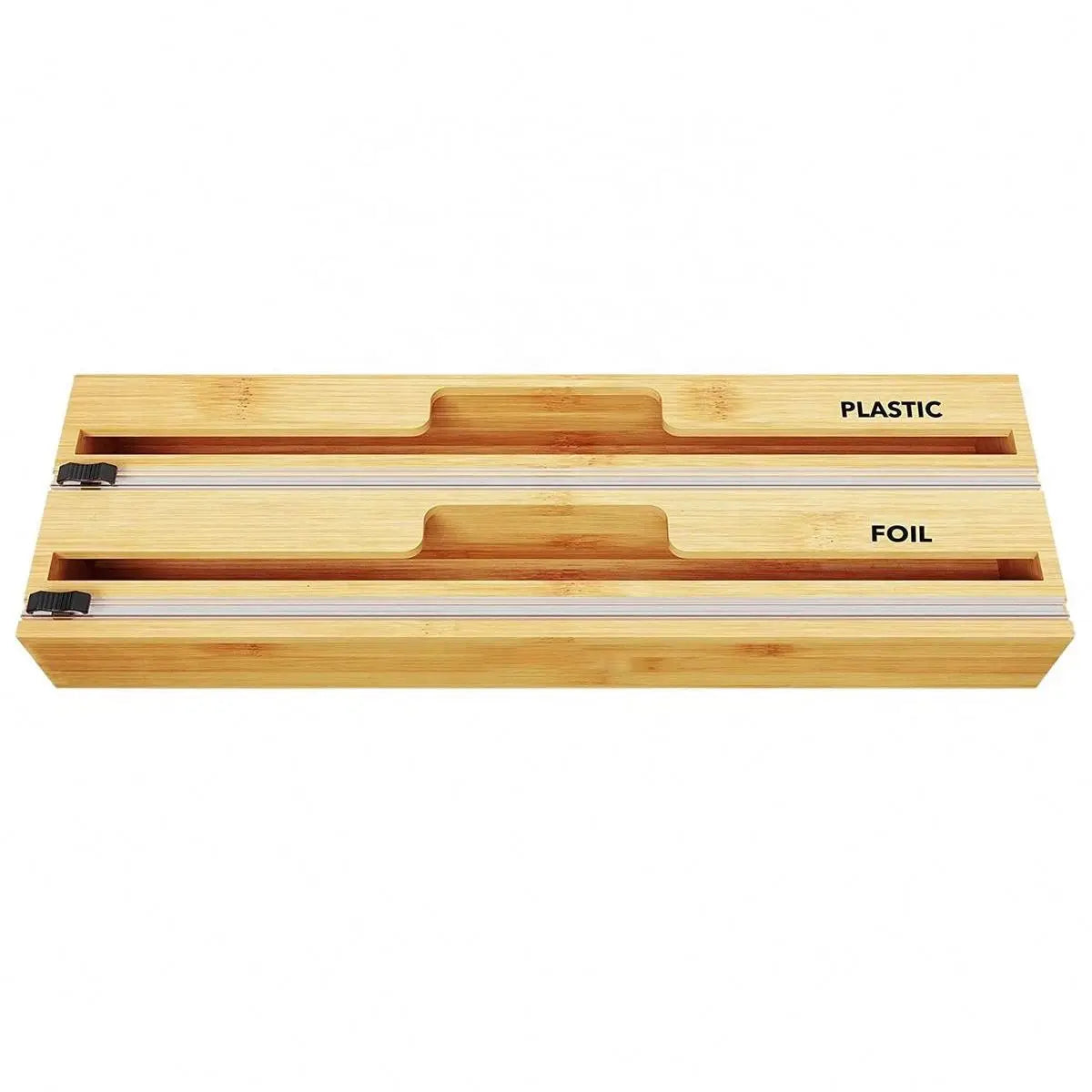 Multi Functional Kitchen 2in1 Bamboo Foil and Plastic Wrap Storage Dispenser With Cutter