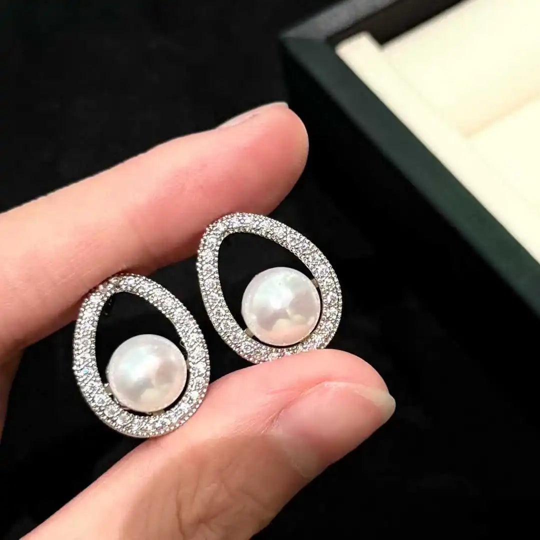 Beautiful Texture Anti-allergic Design Large Water Drip Stud Earrings 9-10mm AAAA Grade Platinum Plated Natural Pearl
