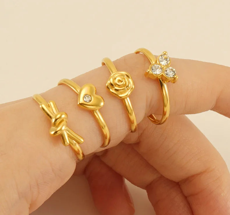 Ins Korean Gold Plated Cubic Zirconia CZ Heart Rings Non Fade Stainless Steel Bow Flower Ring for Women
