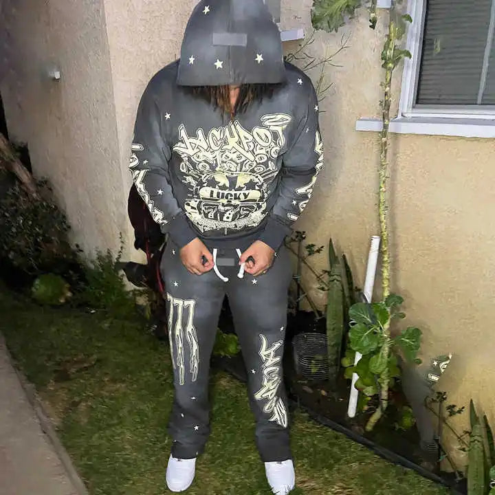 Custom Oversize French Terry Screen Print Vintage Flare Pants and Hoodie 2 Piece Set Sweatsuit Acid Washed Tracksuit Men