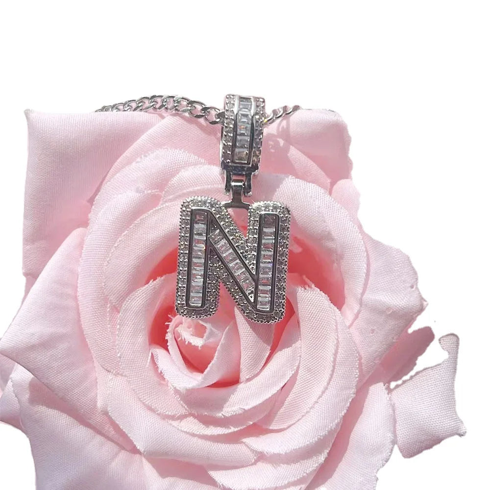 QIUHAN OEM New Custom Initals Cross Chain Icy Letter Charms Zircon Pendant Hiphop Necklace