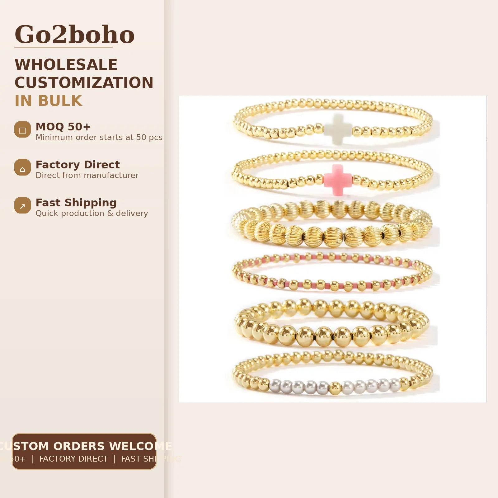 Go2boho Hot Etsy Fashion Bileklik Handmade Golden Jewelry Cross Charm 18K Gold Plated Copper Beaded Bracelet Set for Women Gifts