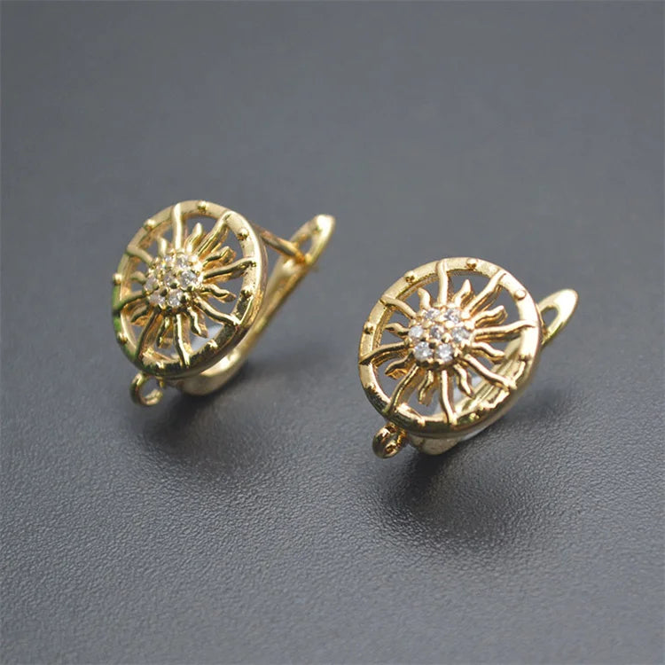 Hot Selling Anti Fading Real 18K Gold Plated Metal Brass CZ Pave Hollow Sunflower Earring Hooks for Jewelry Making