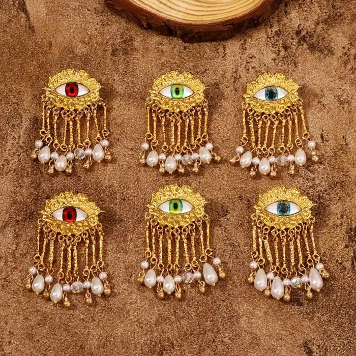 Vintage Big Acrylic Resin Eye Hoop Earrings for Women Gold Color Exaggerated New Statement Pearl Tassel Earrings for Girl