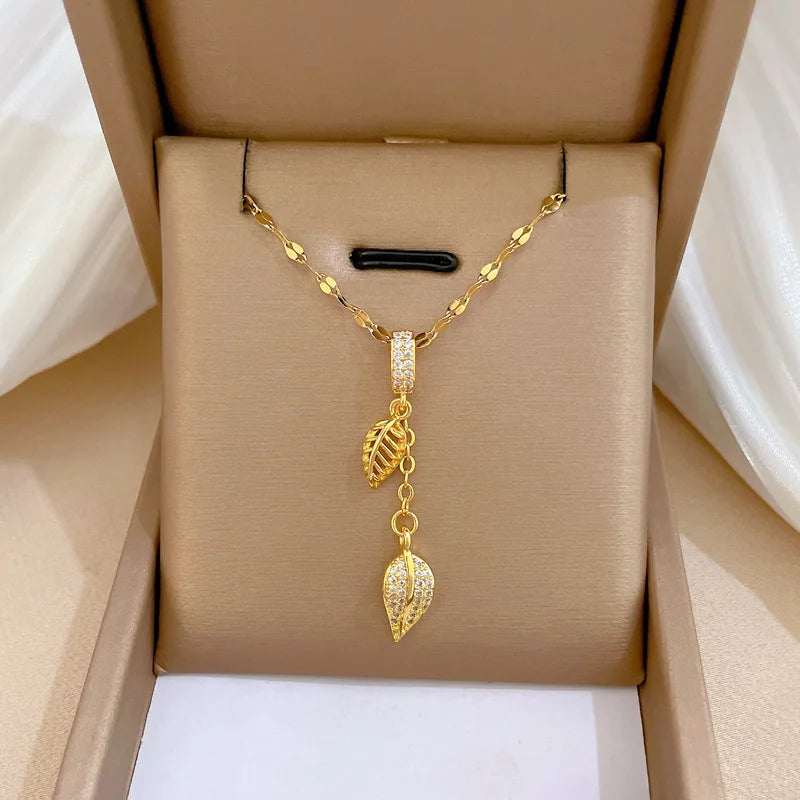 Fashion Tassels Leaf Pendant Necklace Stainless Steel Chain Gold Plated Micro Pave Zircon Tassels Leaf Choker Necklace