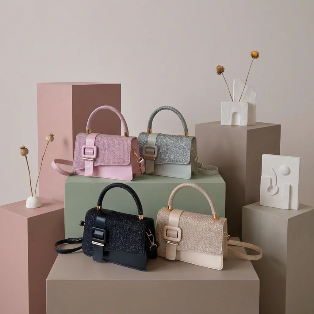 Korea Style Bling Bling PU Leather Woman's Crossbody Handbags Luxury Square Bags PU Lining Logo Pattern Cute Sling Ladies Bag