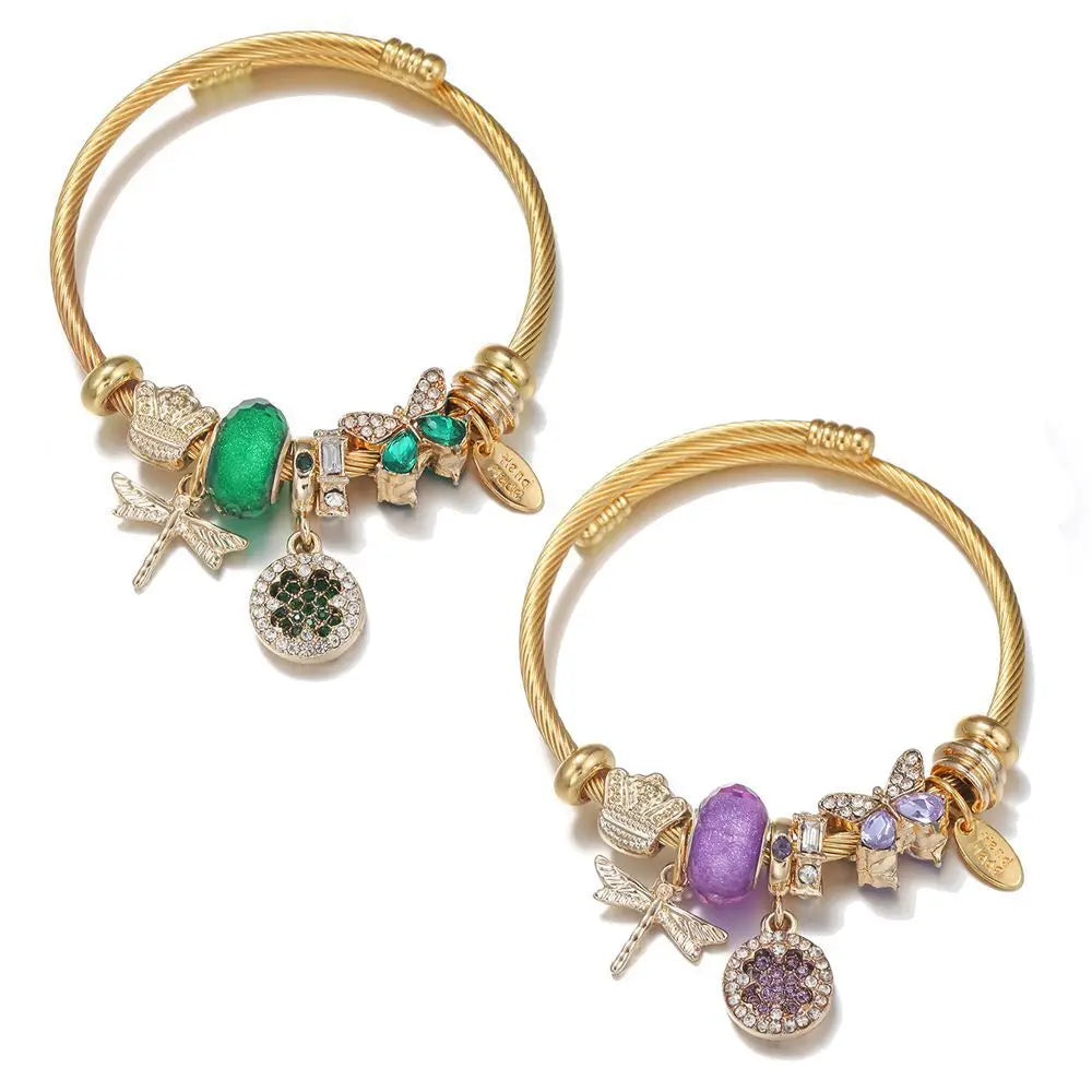 Wholesale 18K Gold Plated Stainless Steel Bangle  Dragonfly butterfly Pendant Charm Bracelets for Women