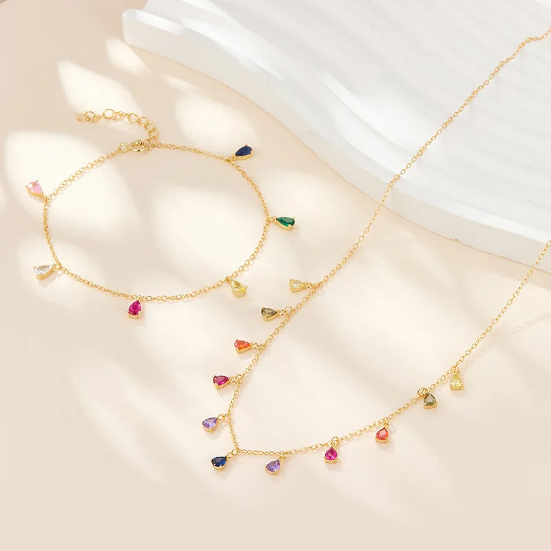 Wholesale 925 Silver Jewelry Sterling Silver Colorful Water Drop Zircon Necklace Gold Plated Chain Necklace Bracelet Set Jewelry