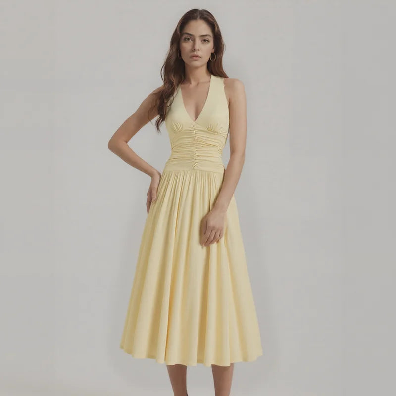 Plus Size Ruched Waist Layered Hem Halter Dress Flattering for Vacation Daily Casual Outfits