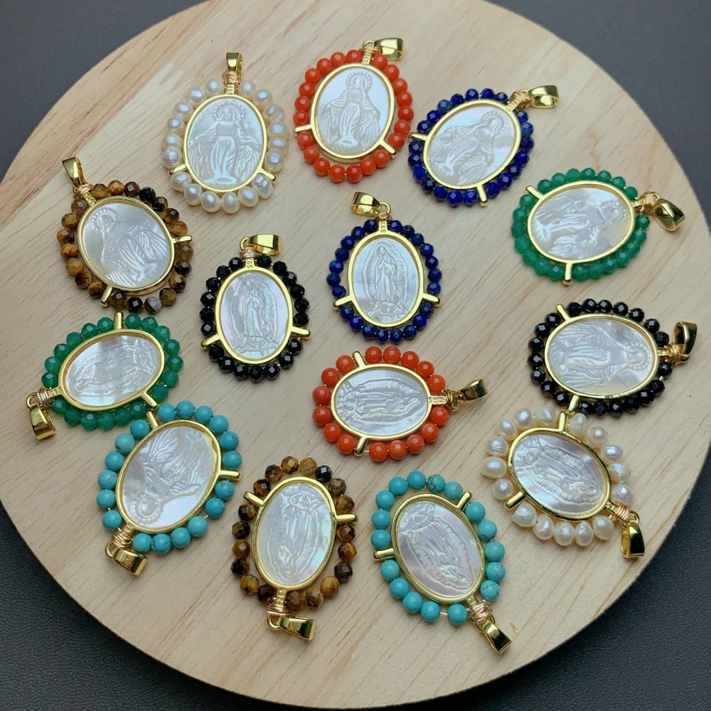 Sea Shell Religions Virgin Mary Guadalupe Pendants for Jewelry Making Women Necklace Black Spinel Lapis Lazuli Stone Beads Medal MegaBDM