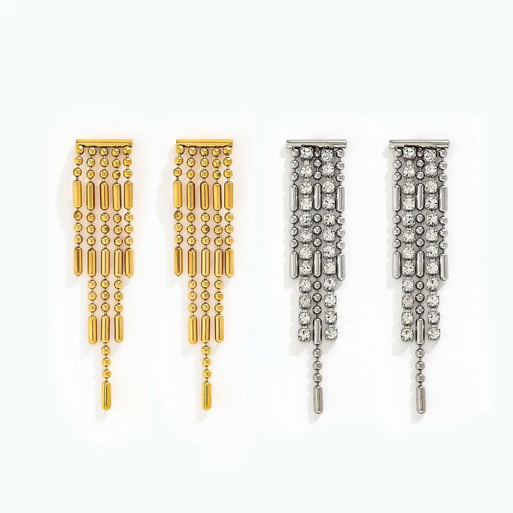 New Vintage 18k Gold Plated Stainless Steel Bead Curtains Zirconia Tassel Stud Earring Dainty Geometric Jewelry for Women